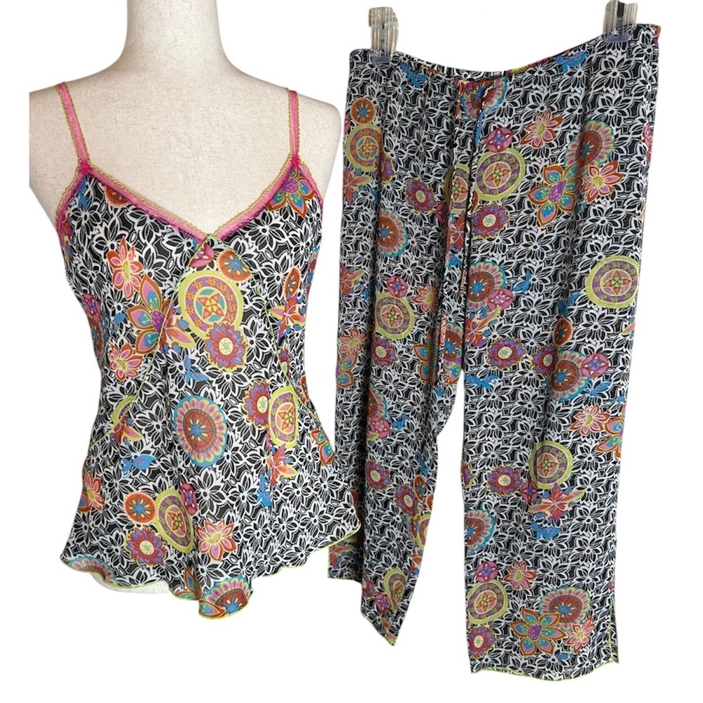 Josie Natori Pajama Set Women Small Black Multicolor Floral Psychedelic Mesh